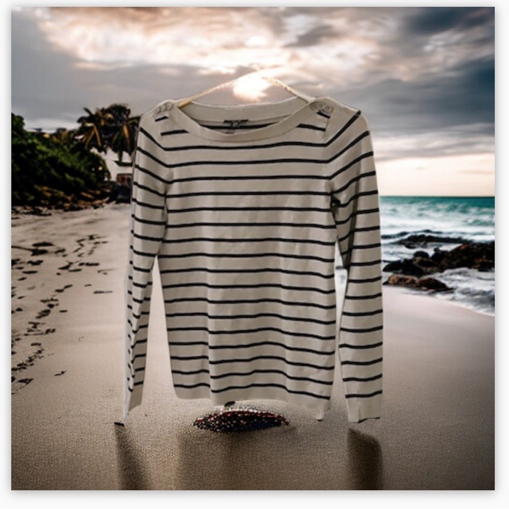 JACOB Grey/Black Stripe Knit Sweater -Boatneck-Button at neck detail -SzM-EUC🍂 - Picture 8 of 11